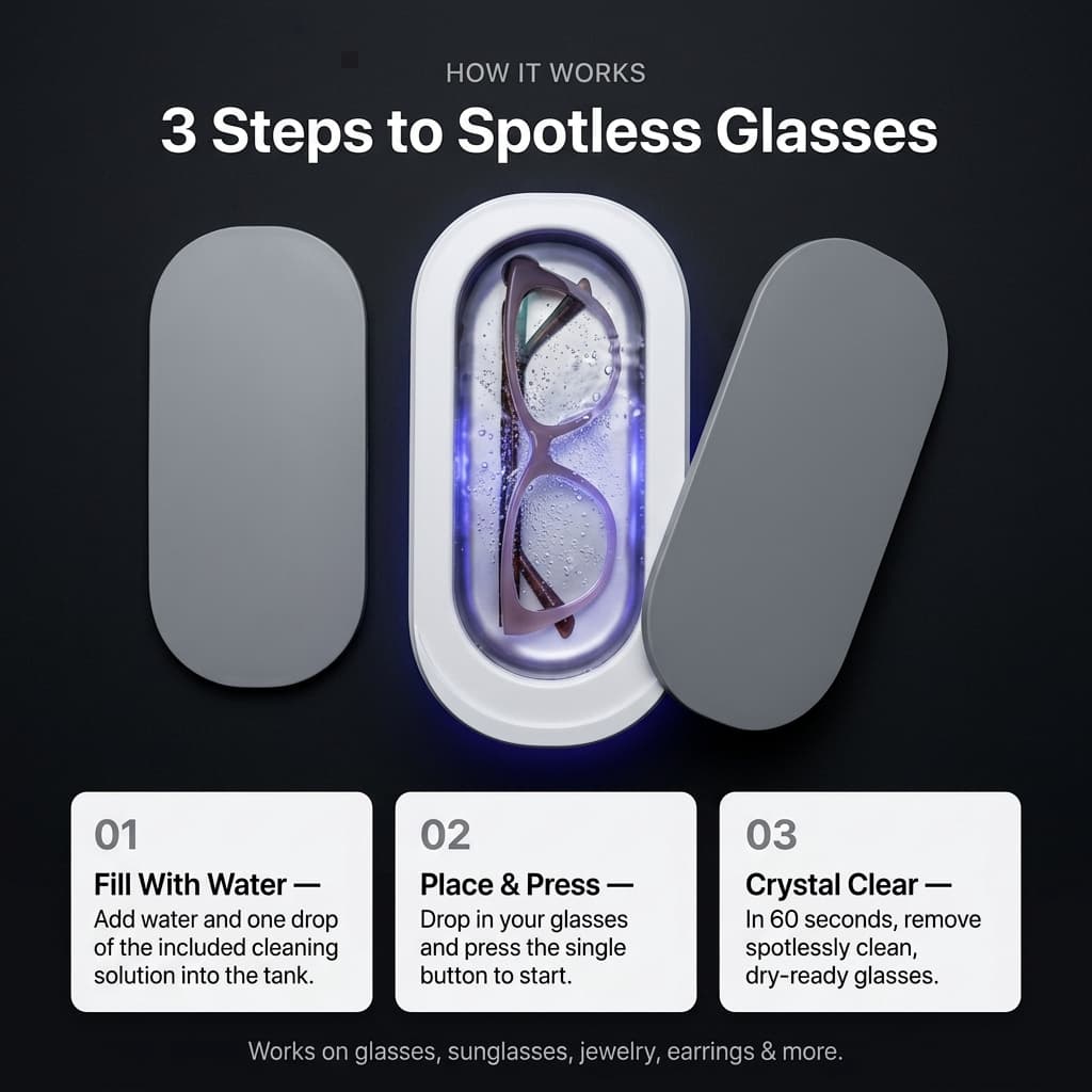 Ultrasonic Vibration Eyeglass Cleaner - High-end Waterproof Finish