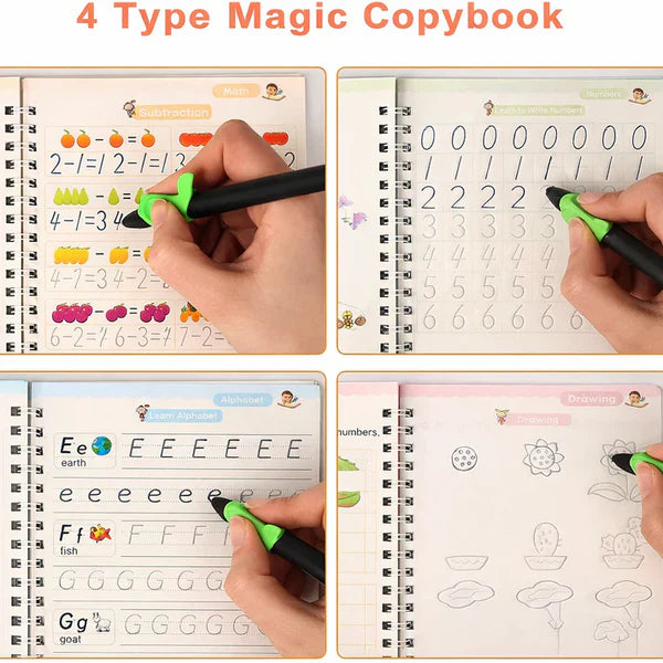 Magic Practice Copybook, (4 BOOK +1 PEN + 10 REFILL FREE)