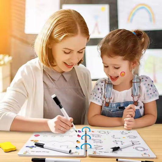 Kids  Educational Book Set - 64 Pages Reusable Tracing Line book to improve HAND WRITING For kids, 8 Pens, Markers