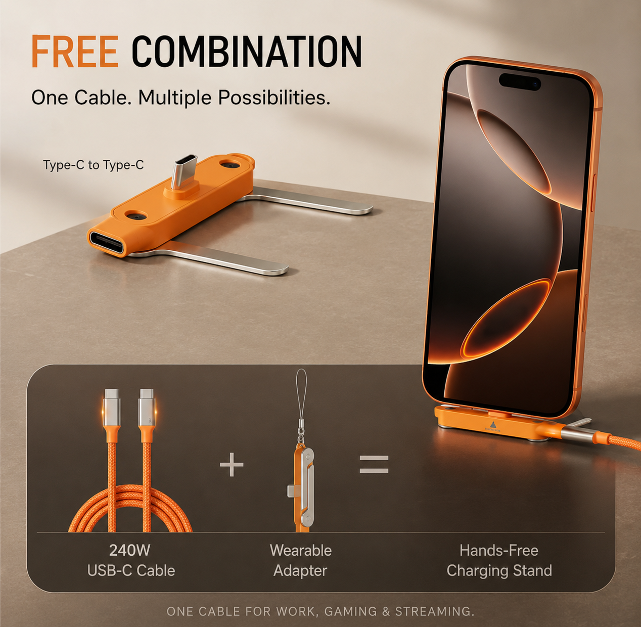 2 in 1 Charging Cable 240W, Multi Charger Cord with Two Type C Port