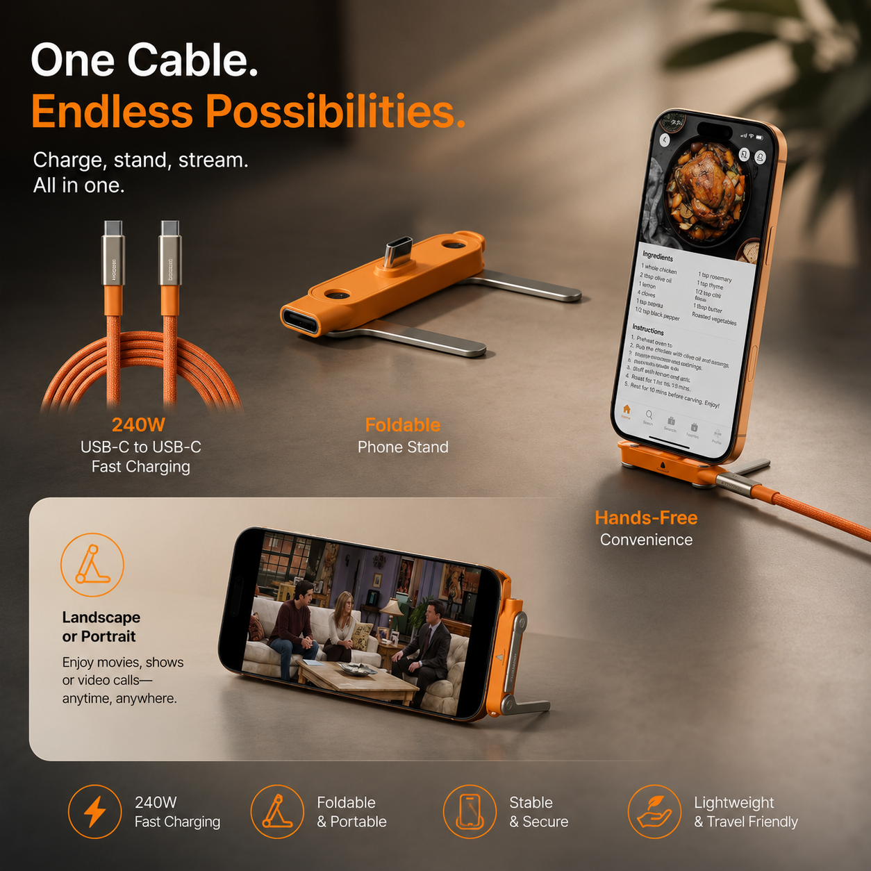 2 in 1 Charging Cable 240W, Multi Charger Cord with Two Type C Port